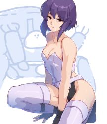 Rule 34 | 1girl, bad id, bad pixiv id, bare shoulders, bustier, fingerless gloves, ghost in the shell, ghost in the shell stand alone complex, gloves, katsuoboshi, kusanagi motoko, leotard, looking at viewer, purple hair, purple thighhighs, red eyes, short hair, solo, tachikoma, thighhighs