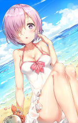 Rule 34 | 1girl, bare shoulders, beach, blush, breasts, cleavage, collarbone, crab, day, fate/grand order, fate (series), ginn (hzh770121), glasses, hair over one eye, highres, light purple hair, looking at viewer, mash kyrielight, mash kyrielight (swimsuit of perpetual summer), medium breasts, ocean, official alternate costume, open mouth, purple eyes, short hair, sitting, solo, swimsuit
