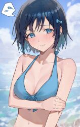 Rule 34 | 1girl, arm at side, bikini, blue bikini, blue bow, blue eyes, blue hair, blue sky, blush, bow, breasts, cleavage, cloud, cloudy sky, collarbone, colored inner hair, day, embarrassed, flying sweatdrops, grin, hair bow, halterneck, hand on own arm, long bangs, looking at viewer, medium breasts, mole, mole under eye, multicolored hair, navel, original, outdoors, parted lips, raised eyebrows, short hair, sidelocks, sky, smile, solo, sooon, spoken flying sweatdrops, stomach, swimsuit, teeth, upper body