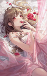 Rule 34 | 1girl, bare arms, bare shoulders, brown hair, curtains, dress, flower, highres, long hair, looking at viewer, lying, nail polish, on back, open mouth, original, petals, r o ha, red eyes, red flower, rose, short dress, sidelocks, sleeveless, sleeveless dress, solo, spaghetti strap, strap slip, white dress