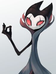 Rule 34 | grey background, grimm (hollow knight), hand up, highres, hollow knight, looking at viewer, no humans, ok sign, okame nin, red eyes, simple background, solo