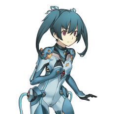 Rule 34 | 1girl, blue hair, bodysuit, flat chest, long hair, nagi ryou, official art, plugsuit, red eyes, short twintails, smile, solo, steel chronicle, twintails, white background, yun rina