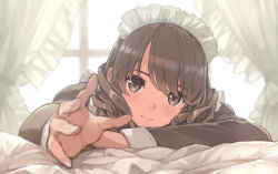 Rule 34 | 1girl, arm support, backlighting, bed sheet, blurry, blush, brown eyes, brown hair, closed mouth, commentary request, depth of field, fingernails, head tilt, indoors, long hair, long sleeves, maid, maid headdress, morisawa haruyuki, nail polish, original, outstretched hand, smile, solo, upper body, white nails, window