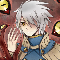 Rule 34 | 1boy, :/, artist request, blue coat, brown capelet, capelet, claws, closed mouth, coat, demon, expressionless, extra eyes, grey hair, hair between eyes, hair over one eye, hand up, kiel-d-01, long bangs, looking at viewer, male focus, ragnarok online, short hair, solo, third-party source, upper body, yellow eyes