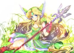 Rule 34 | 1girl, armor, blonde hair, blue eyes, boots, bow, breasts, bridal gauntlets, brown footwear, bug, butterfly, cleavage, closed mouth, commentary, dress, forehead jewel, gloves, grass, green bow, green dress, green headwear, hair bow, helmet, highres, holding, holding polearm, holding spear, holding weapon, insect, long hair, looking at viewer, low-tied long hair, lying, medium breasts, namatyoco, on side, parted bangs, pauldrons, plant, polearm, red gloves, riesz, seiken densetsu, seiken densetsu 3, short dress, shoulder armor, sleeveless, sleeveless dress, smile, solo, sparkle, spear, very long hair, weapon, winged helmet