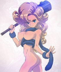 Rule 34 | 1990s (style), 1girl, ass, ayla (chrono trigger), between breasts, bitchen, blonde hair, blue eyes, bottomless, bracer, breasts, chrono (series), chrono trigger, club (weapon), curly hair, feather boa, large breasts, long hair, nipples, no bra, no panties, retro artstyle, solo, square enix, wavy hair, weapon