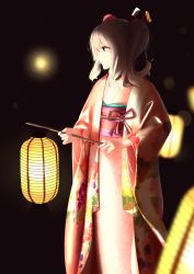 Rule 34 | 1girl, absurdres, black background, blue eyes, bug, congtou bingtang, firefly, flower, hair flower, hair ornament, highres, insect, japanese clothes, kantai collection, kashima (kancolle), kimono, lantern, long hair, long sleeves, paper lantern, sidelocks, silver hair, solo, tsurime, twintails, wavy hair