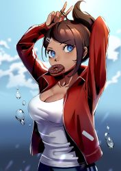 Rule 34 | 1girl, arms up, asahina aoi, blue background, blue eyes, blush, breasts, brown hair, cleavage, collarbone, danganronpa: trigger happy havoc, danganronpa (series), dark-skinned female, dark skin, datcravat, doughnut, food, gradient background, hair ornament, hairclip, highres, jacket, large breasts, long sleeves, looking at viewer, mouth hold, open clothes, open jacket, ponytail, red jacket, short hair, sketch, solo, unfinished, upper body