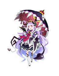 Rule 34 | 1girl, boots, bow, crown, demon girl, dress, elbow gloves, full body, gloves, hand on own hip, harada takehito, horns, knee boots, long hair, makai shin trillion, makaijin trillion, mini crown, nanameda kei, official art, pink bow, purple hair, red eyes, ribbon, ruche, simple background, smile, solo, standing, tail, umbrella, white background