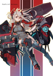 Rule 34 | 1girl, antenna hair, armpit cutout, artist name, azur lane, blue sky, blush, boots, breasts, brown eyes, cannon, clothing cutout, commentary request, cross, garter straps, gloves, hair between eyes, headgear, highres, iron cross, large breasts, leotard, long hair, long sleeves, looking at viewer, mole, mole on breast, multicolored hair, outdoors, parted lips, prinz eugen (azur lane), radrick0, red hair, rigging, silver hair, sky, smile, solo, streaked hair, striped, striped background, thigh boots, thighhighs, thighs, turret, two side up, very long hair, white background