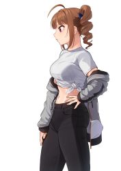 Rule 34 | ahoge, black pants, bra visible through clothes, breasts, brown hair, cowboy shot, denim, drill hair, drill ponytail, facing to the side, from side, hand on own hip, highres, idolmaster, idolmaster million live!, idolmaster million live! theater days, jacket, jacket partially removed, jeans, kamille (vcx68), linea alba, long hair, medium breasts, midriff, navel, pants, parted lips, profile, purple eyes, shirt, side drill, sidelocks, simple background, tied shirt, white shirt, yokoyama nao