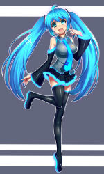 Rule 34 | 1girl, ahoge, aqua eyes, aqua hair, bitaraga, black thighhighs, blush, breasts, full body, glowing, grey background, hatsune miku, highres, long hair, looking at viewer, necktie, open mouth, outline, pleated skirt, pointing, pointing at self, skirt, smile, solo, standing, standing on one leg, striped, striped background, thighhighs, tiptoes, twintails, very long hair, vocaloid, zettai ryouiki