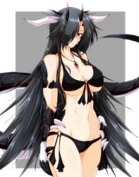 Rule 34 | 1girl, bikini, black bikini, black hair, border, breasts, claws, cleavage, closed mouth, cowboy shot, dragon girl, dragon horns, dragon tail, g (genesis1556), grey background, hair over one eye, highres, horns, jewelry, large breasts, long hair, looking at viewer, mia (g (genesis1556)), monster girl, navel, o-ring, original, pendant, red eyes, simple background, solo, standing, swimsuit, tail, white border