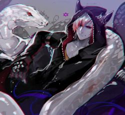 Rule 34 | 10s, 1boy, animal, black nails, colored sclera, colored skin, dated, demon mangu (show by rock!!), fangs, fingerless gloves, gloves, grey background, grey skin, hood, hoodie, male focus, multicolored hair, nail polish, red sclera, shirafuji kabi, show by rock!!, snake, solo, two-tone hair