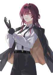 Rule 34 | 1girl, absurdres, adjusting clothes, adjusting gloves, belt, black belt, black gloves, black jacket, black necktie, black pants, breasts, collared shirt, commentary, cowboy shot, eyewear on head, glasses, gloves, hair between eyes, hair intakes, highres, honkai: star rail, honkai (series), jacket, jacket on shoulders, kafka (honkai: star rail), large breasts, long hair, necktie, official alternate costume, open clothes, open jacket, pants, parted lips, pince-nez, purple eyes, purple hair, round eyewear, shirt, simple background, smile, solo, sunglasses, suspenders, tsuihane, white background, white shirt
