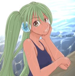 Rule 34 | 1girl, bonoramo, character name, green eyes, green hair, hatsune miku, head rest, headphones, long hair, looking at viewer, matching hair/eyes, one-piece swimsuit, solo, swimsuit, twintails, vocaloid, wet