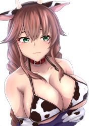 Rule 34 | 1girl, animal collar, animal ears, animal print, bikini, braid, breasts, brown hair, cleavage, collar, collarbone, cow ears, cow horns, cow print, elbow gloves, fake animal ears, fake horns, gloves, green eyes, hair between eyes, highres, horns, kantai collection, large breasts, long hair, looking away, noshiro (kancolle), off shoulder, r31harutan, solo, swimsuit, twin braids, upper body, white background, white gloves