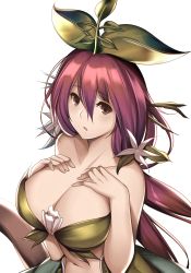 Rule 34 | 10s, 1girl, bare arms, bare shoulders, breast suppress, breasts, brown hair, cleavage, collarbone, flower, granblue fantasy, hair between eyes, hair flower, hair ornament, highres, large breasts, leaf, leaf on head, long hair, looking at viewer, low twintails, monster girl, navel, parted lips, plant girl, red hair, solo, tony guisado, twintails, upper body, yggdrasill (granblue fantasy)
