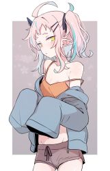 Rule 34 | 1girl, ahoge, azuma shino, bare shoulders, black ribbon, blue hair, camisole, cowboy shot, crop top, flat chest, hair ornament, hair ribbon, hairclip, horns, jacket, long hair, looking at viewer, multicolored hair, navel, nipple slip, nipples, off shoulder, one side up, open clothes, open jacket, original, pink hair, pointy ears, repi (azuma shino), ribbon, short eyebrows, short shorts, shorts, sidelocks, single horn, sleeves past fingers, sleeves past wrists, solo, strap slip, two-tone background, two-tone hair, yellow eyes