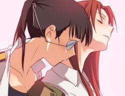 Rule 34 | 2girls, bad id, bad pixiv id, black hair, brown hair, eyebrows hidden by hair, eyepatch, closed eyes, kisetsu, kiss, kissing neck, long hair, military, military uniform, minna-dietlinde wilcke, multiple girls, open mouth, ponytail, sakamoto mio, strike witches, uniform, world witches series, yuri