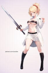 Rule 34 | 1girl, ai-assisted, alternate breast size, aztodio, bandeau, black bandeau, black footwear, blonde hair, blush, boots, fate/apocrypha, fate (series), full body, green eyes, holding, holding sword, holding weapon, jacket, looking at viewer, midriff, mordred (fate), navel, open clothes, open jacket, patreon username, ponytail, short hair, skirt, smile, solo, standing, sword, weapon, white jacket, white skirt