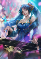 Rule 34 | 1girl, bare shoulders, blonde hair, blue dress, blue eyes, blue hair, breasts, cglas, detached sleeves, dress, etwahl, gradient background, gradient hair, large breasts, league of legends, light smile, lips, long hair, looking at viewer, matching hair/eyes, multicolored background, multicolored hair, off shoulder, solo, sona (league of legends), twintails, very long hair