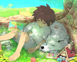Rule 34 | 1boy, bad id, bad pixiv id, barefoot, brown hair, creature, dappled sunlight, dog, closed eyes, flower, leaf, male focus, mononoke (empty), nature, nose bubble, original, outdoors, painting (object), plant, shoes, short hair, sketchbook, sky, sleeping, sneakers, solo, squirrel, sunlight, tears, tree