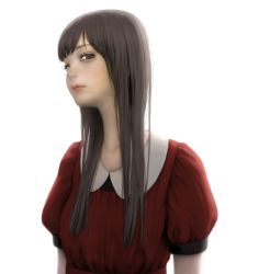 Rule 34 | 1girl, brown eyes, brown hair, dress, lips, long hair, long neck, looking at viewer, mujiha, original, puffy short sleeves, puffy sleeves, realistic, short sleeves, simple background, solo, upper body, white background, wing collar
