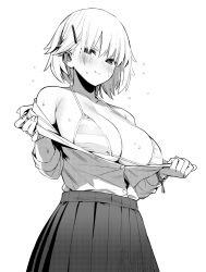 Rule 34 | 1girl, bare shoulders, bikini, blush, breasts, buttons, cleavage, closed mouth, collarbone, enokido (reido1177), greyscale, hair ornament, hairclip, halterneck, highres, large breasts, looking at viewer, monochrome, open clothes, open shirt, original, pleated skirt, short hair, simple background, skirt, smile, solo, string bikini, striped bikini, striped clothes, sweat, swimsuit, undressing, white background