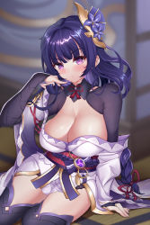 Rule 34 | 1girl, absurdres, arm support, armor, bare shoulders, blurry, blurry background, blush, boots, braid, breasts, bridal gauntlets, cleavage, collarbone, commentary request, eyelashes, floral print, flower, genshin impact, hair ornament, hand up, highres, japanese clothes, kimono, large breasts, long hair, long sleeves, looking at viewer, mitsudomoe (shape), mole, mole under eye, mz (yeye ai chipao mian), neck ribbon, obi, obiage, obijime, off shoulder, purple eyes, purple flower, purple footwear, purple hair, purple kimono, raiden shogun, red ribbon, ribbon, sash, shiny skin, sidelocks, sitting, solo, tassel, tatami, thigh boots, thighhighs, tomoe (symbol), very long hair, wide sleeves, yokozuwari