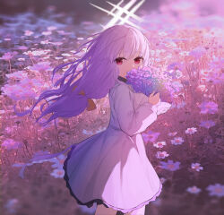 Rule 34 | 1girl, absurdres, atsuko (blue archive), blue archive, bouquet, covered mouth, dress, field, floating hair, flower, flower field, halo, hei mu nan tong, highres, holding, holding bouquet, looking at viewer, looking to the side, outdoors, purple hair, purple theme, red eyes, solo, white dress