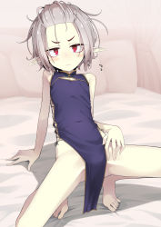 Rule 34 | 1girl, bare arms, bare legs, bare shoulders, barefoot, bed, black dress, blush, canopy bed, china dress, chinese clothes, closed mouth, curtains, dress, fang, fang out, flying sweatdrops, forehead, grey hair, highres, looking at viewer, no panties, ogami kazuki, on bed, original, pelvic curtain, pillow, pointy ears, red eyes, sleeveless, sleeveless dress, solo, spread legs, squatting, sweat