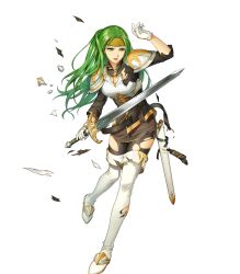 Rule 34 | 1girl, armor, artist request, belt, boots, breastplate, broken armor, fire emblem, fire emblem: the sacred stones, fire emblem heroes, full body, gloves, gold trim, green eyes, green hair, hand up, headband, highres, holding, holding sword, holding weapon, long hair, looking away, miniskirt, nintendo, non-web source, official art, open mouth, pantyhose, sheath, short sleeves, shoulder armor, shoulder pads, skirt, solo, sword, syrene (fire emblem), thigh boots, torn belt, torn clothes, torn pantyhose, transparent background, weapon