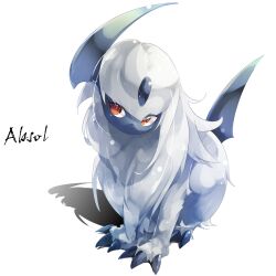 absol character_name claws commentary_request creatures_(company) full_body game_freak gen_3_pokemon gorilla_(bun0615) highres horns looking_up nintendo no_humans pokemon pokemon_(creature) pokemon_focus red_eyes single_horn sitting solo white_background white_fur