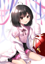 Rule 34 | 1girl, :d, ahoge, backpack, bag, bag charm, black hair, black ribbon, black skirt, black socks, blurry, blurry background, brown eyes, charm (object), collared shirt, commentary request, commission, depth of field, dress shirt, frilled shirt collar, frills, hood, hood down, hooded jacket, jacket, layered skirt, long sleeves, looking at viewer, neck ribbon, off shoulder, open clothes, open jacket, open mouth, original, pink shirt, pink skirt, pixiv commission, pleated skirt, randoseru, ribbon, shirt, shoes, short hair, signature, sitting, skirt, sleeves past fingers, sleeves past wrists, smile, socks, solo, uchuuneko, wariza, white footwear, white jacket