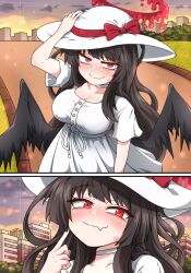 Rule 34 | 1girl, absurdres, adjusting clothes, adjusting headwear, arm up, black nails, black wings, blood, blood halo, blue archive, blush, breasts, brown hair, casual, choker, curly hair, devil yanghyeok, dress, feathered wings, halo, hand up, hat, hat ribbon, highres, liquid halo, long hair, looking at viewer, medium breasts, melting halo, nail polish, nervous smile, outdoors, pointing, pointing at self, red eyes, red halo, red ribbon, ribbon, slit pupils, smile, smug, solo, sundress, sunset, tsurugi (blue archive), upper body, very long hair, wavy mouth, white choker, white dress, white hat, wings
