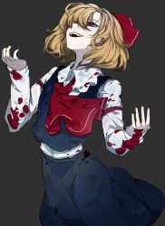 Rule 34 | 1girl, arm garter, arm strap, black background, black skirt, black vest, blonde hair, blood, blood on clothes, blood on hands, blood splatter, blood stain, bob cut, bobbles, collared shirt, dress shirt, evil smile, fangs, hair over one eye, hair ribbon, hands up, highres, ikurauni, long sleeves, nail polish, open mouth, outstretched hand, oversized clothes, parted bangs, red eyes, red nails, red neckwear, red ribbon, ribbon, rumia, shirt, short hair, simple background, skirt, skirt set, smile, solo, teeth, touhou, vest, white shirt, wing collar