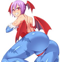 Rule 34 | animal print, ass, back, backl, backless outfit, bare shoulders, bat print, bat wings, blue pantyhose, blush, body blush, bridal gauntlets, cameltoe, commentary request, demon girl, from behind, head wings, kurozu (crozu), leotard, lilith aensland, looking at viewer, looking back, low wings, pantyhose, parted lips, print pantyhose, purple hair, red leotard, shiny clothes, shiny skin, short hair, simple background, skin tight, smile, solo, teeth, vampire (game), white background, wings