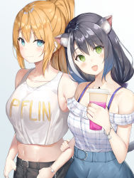 Rule 34 | 2girls, :d, ahoge, alternate costume, animal ear fluff, animal ears, bad id, bad pixiv id, belt, black hair, black pants, blonde hair, blouse, blue background, blue eyes, blue skirt, blush, bracelet, breasts, casual, cat ears, cat girl, chinese commentary, closed mouth, collarbone, commentary, cowboy shot, drink, fang, gemini (pixiv12200794), gradient background, green eyes, hair between eyes, highres, holding, holding drink, jewelry, karyl (princess connect!), long hair, looking at viewer, medium breasts, midriff, multicolored hair, multiple girls, navel, off-shoulder shirt, off shoulder, open mouth, pants, pecorine (princess connect!), plaid, plaid shirt, ponytail, princess connect!, shirt, silver hair, simple background, skirt, sleeveless, smile, streaked hair, tank top, two-tone hair, white shirt, white tank top