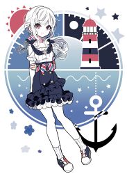 Rule 34 | 1girl, anchor symbol, ankle socks, arm behind back, artist name, blue eyes, blue footwear, blue skirt, bow, buttons, colored skin, commentary, commentary request, dot nose, elina (e2n04n), english commentary, flower (symbol), frilled skirt, frilled sleeves, frills, full body, hair bow, high-waist skirt, highres, holding own arm, lighthouse, long hair, looking at viewer, mixed-language commentary, multicolored eyes, multicolored footwear, open mouth, original, ponytail, red eyes, red footwear, shirt, shoes, sidelocks, signature, skirt, smile, socks, solo, star (symbol), striped, striped bow, sun symbol, teeth, thank you, waist bow, white footwear, white hair, white shirt, white skin, white socks