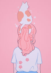 Rule 34 | 1girl, absurdres, animal, animal on head, cat, cat on head, facing away, from behind, highres, long hair, meyoco, on head, original, paw print, pink background, pink hair, ponytail, shirt, short sleeves, sidelocks, simple background, solo, sparkle, upper body, white shirt