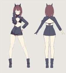 Rule 34 | 1girl, ankle boots, black footwear, boots, breasts, brown hair, closed eyes, closed mouth, djmax, gloves, hair ornament, hand on own hip, highres, long sleeves, mamo c, manager (djmax), navel, non-web source, short hair, small breasts, standing
