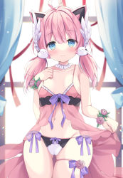 Rule 34 | 1girl, ahoge, animal ears, babydoll, bare shoulders, bird hair ornament, blue eyes, blurry, blurry background, bow, bow panties, breasts, cameltoe, cat ears, cleft of venus, closed mouth, collarbone, commentary request, copyright request, curtains, depth of field, flower, gluteal fold, groin, hair between eyes, hair ornament, hair over shoulder, highres, long hair, looking at viewer, low twintails, panties, pink flower, pink hair, pink rose, red ribbon, ribbon, rose, satsuki yukimi, skindentation, small breasts, smile, solo, thigh gap, twintails, underwear, underwear only, virtual youtuber, white panties, window