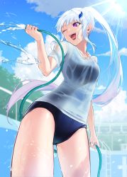 Rule 34 | 1girl, absurdres, alternate costume, bad id, bad pixiv id, blue hair, blue one-piece swimsuit, blue sky, breasts, cloud, cloudy sky, colored inner hair, commentary, cowboy shot, crotch seam, empty pool, from below, hair ornament, half updo, highres, holding, holding hose, hose, ladder, light rays, lize helesta, long hair, medium breasts, multicolored hair, nijisanji, one-piece swimsuit, one eye closed, open mouth, ponytail, pool, purple eyes, school swimsuit, see-through, shirt, short sleeves, sidelocks, silver hair, sky, smile, solo, spraying, standing, sunlight, swimsuit, swimsuit under clothes, t-shirt, teeth, thighs, tongue, tree, two-tone hair, virtual youtuber, water, wet, wet clothes, wet shirt, white shirt, zelo6