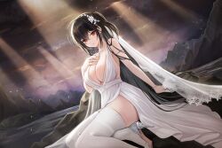 Rule 34 | 1girl, azur lane, backless dress, backless outfit, bare shoulders, black hair, breasts, center opening, cleavage, closed mouth, cocktail dress, commentary, crossed bangs, dress, earrings, flower, garter straps, hair between eyes, hair flower, hair ornament, hand on own chest, high heels, jewelry, large breasts, light rays, light smile, long hair, looking at viewer, loose hair strand, necklace, official alternate costume, outdoors, plus1024, red eyes, satin dress, see-through, sleeveless, sleeveless dress, smile, solo, taihou (azur lane), taihou (temptation on the sea breeze) (azur lane), thighhighs, very long hair, wedding dress, white dress, white flower, white garter straps, white thighhighs