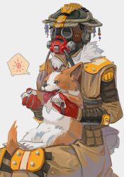 Rule 34 | 1other, ambiguous gender, animal, apex legends, black eyes, bloodhound (apex legends), brown jacket, chinese commentary, chongmingggg, dog, fur-trimmed jacket, fur trim, gloves, goggles, grey background, helmet, highres, holding, holding animal, holding dog, jacket, knee pads, looking ahead, rebreather, red gloves, sitting, solo, tongue, tongue out