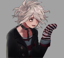 Rule 34 | 1boy, black jacket, collar, collarbone, danganronpa (series), danganronpa another episode: ultra despair girls, drooling, grey background, grey eyes, grey hair, grey shirt, hand up, jacket, komaeda nagito, lower teeth only, male focus, metal collar, mittens, official alternate costume, open clothes, open jacket, red shirt, rei (tdn ng), servant (danganronpa), shirt, simple background, smile, solo, striped clothes, striped mittens, striped shirt, teeth, two-tone shirt, upper body