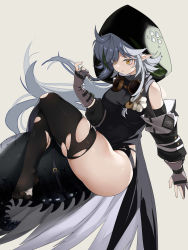 Rule 34 | 1girl, absurdres, arknights, black thighhighs, colored eyelashes, commentary, crocodilian tail, erdongjinming, gloves, grey background, grey gloves, hand up, highres, hood, large tail, long hair, long sleeves, no shoes, pointy ears, silver hair, simple background, skindentation, solo, tail, thighhighs, thighs, tomimi (arknights), torn clothes, torn thighhighs, very long hair, yellow eyes
