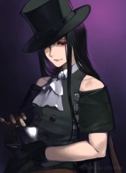 Rule 34 | 1other, akisa yositake, androgynous, ascot, asymmetrical gloves, bare shoulders, black hair, black suit, collared shirt, cup, eyeshadow, fingerless gloves, formal, gloves, guilty gear, guilty gear strive, half-closed eyes, hat, hat over one eye, long hair, looking at viewer, makeup, purple background, red eyes, scythe, shaded face, shirt, simple background, skull, solo, standing, straight hair, suit, tea, teacup, testament (guilty gear), top hat, tray, weapon, white gloves, white shirt