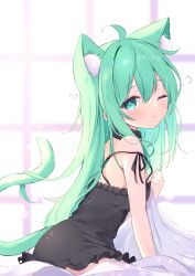 Rule 34 | 1girl, absurdres, ahoge, animal ear fluff, animal ears, bare arms, bare shoulders, bed sheet, black collar, black dress, blurry, blurry background, blush, cat ears, cat girl, cat tail, closed mouth, collar, commentary request, depth of field, dress, green hair, hair between eyes, hand up, highres, long hair, looking at viewer, mikaze oto, one eye closed, original, revision, sleepy, sleeveless, sleeveless dress, solo, strap slip, tail, tail raised, very long hair, waking up, window